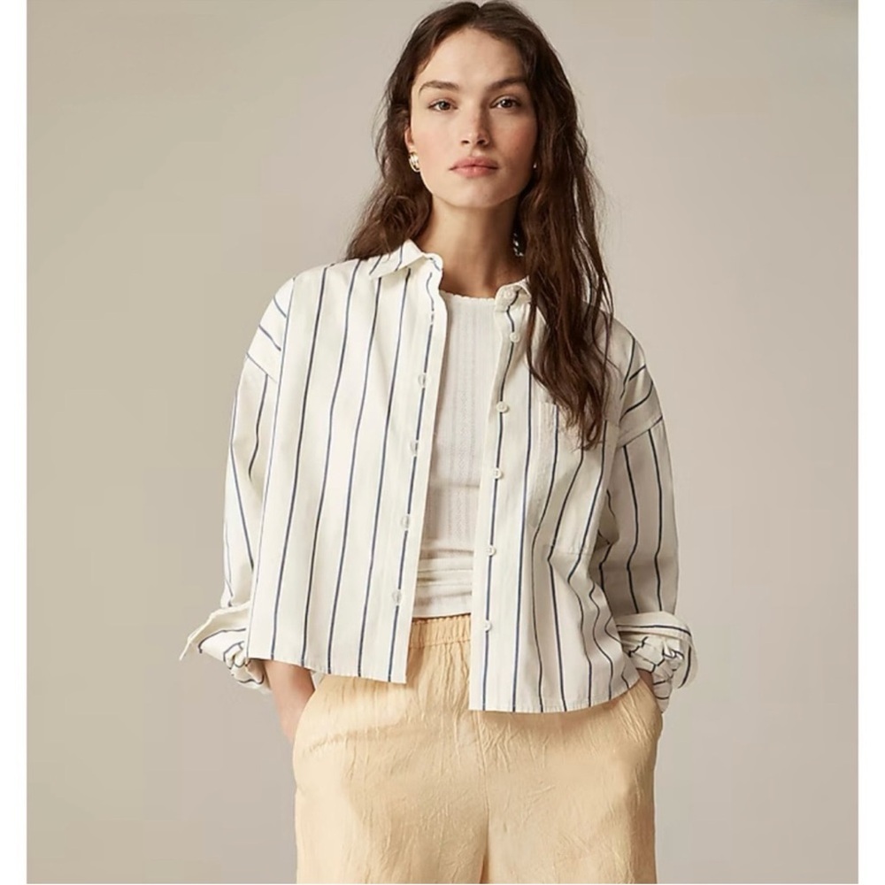J. Crew Cream Button-Down Shirt with Navy Stripes